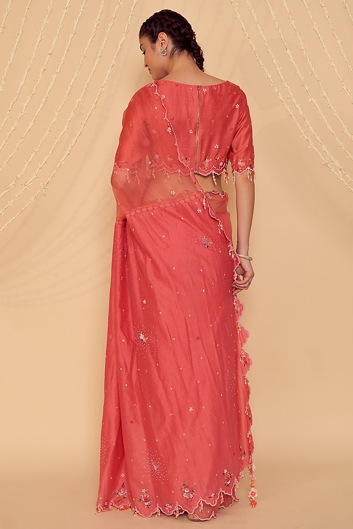 Coral Pink Striped Chanderi Motif Hand Embellished Wedding Saree Set by Gyaarah Baees at Pernia's Pop Up Shop