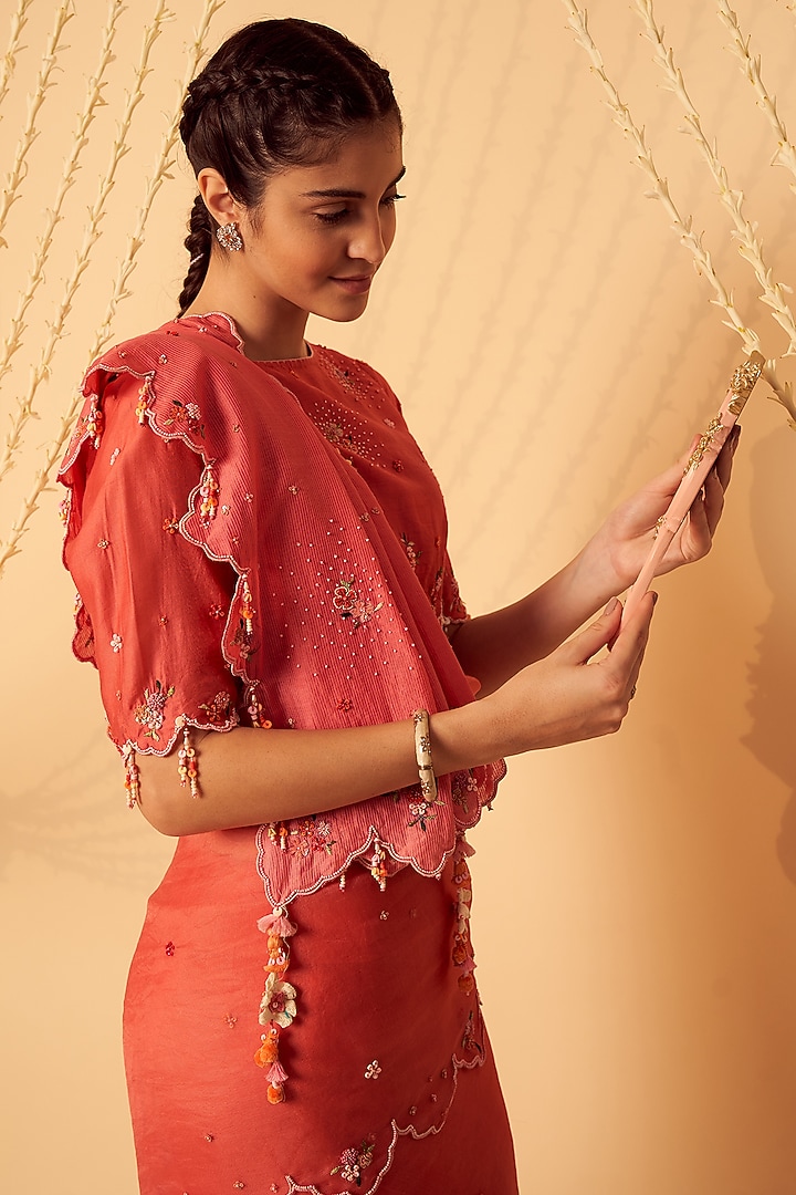 Coral Pink Striped Chanderi Motif Hand Embellished Wedding Saree Set by Gyaarah Baees at Pernia's Pop Up Shop