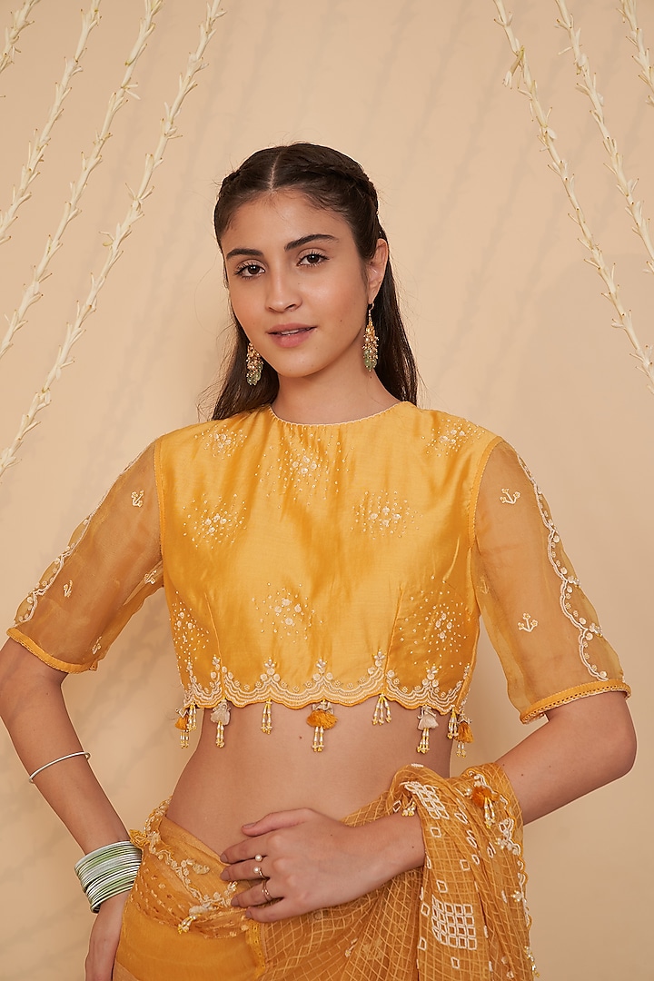 Yellow Chanderi & Organza Beads Embroidered Blouse by Gyaarah Baees at Pernia's Pop Up Shop