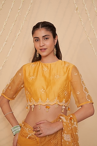 Yellow Chanderi & Organza Beads Embroidered Blouse by Gyaarah Baees