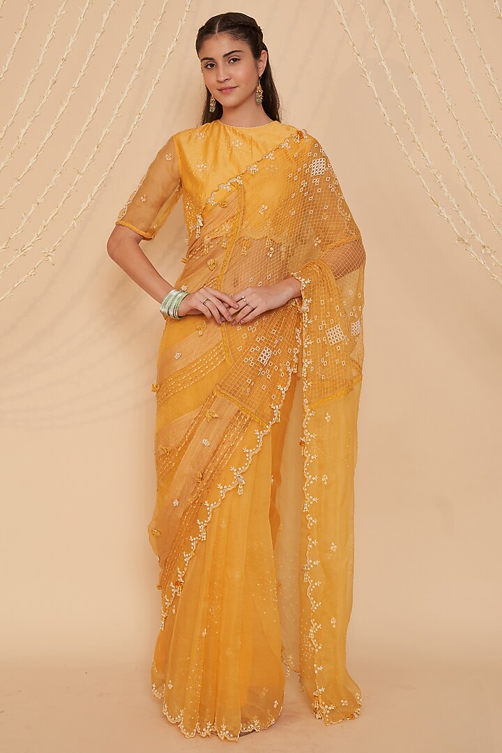 Yellow Chanderi & Organza Beads Embroidered Blouse by Gyaarah Baees at Pernia's Pop Up Shop
