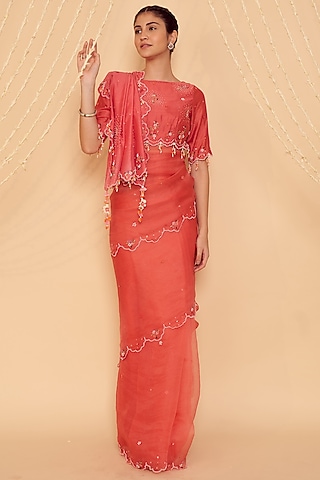 Coral Pink Chanderi Beads Embroidered Blouse by Gyaarah Baees