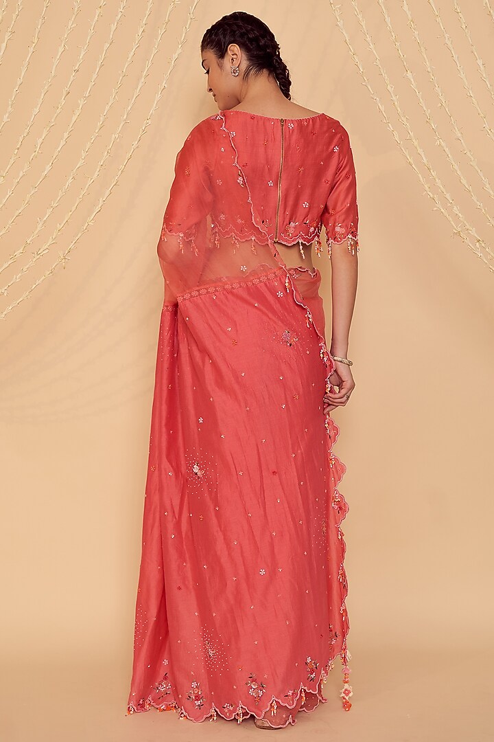 Coral Pink Chanderi Beads Embroidered Blouse by Gyaarah Baees at Pernia's Pop Up Shop