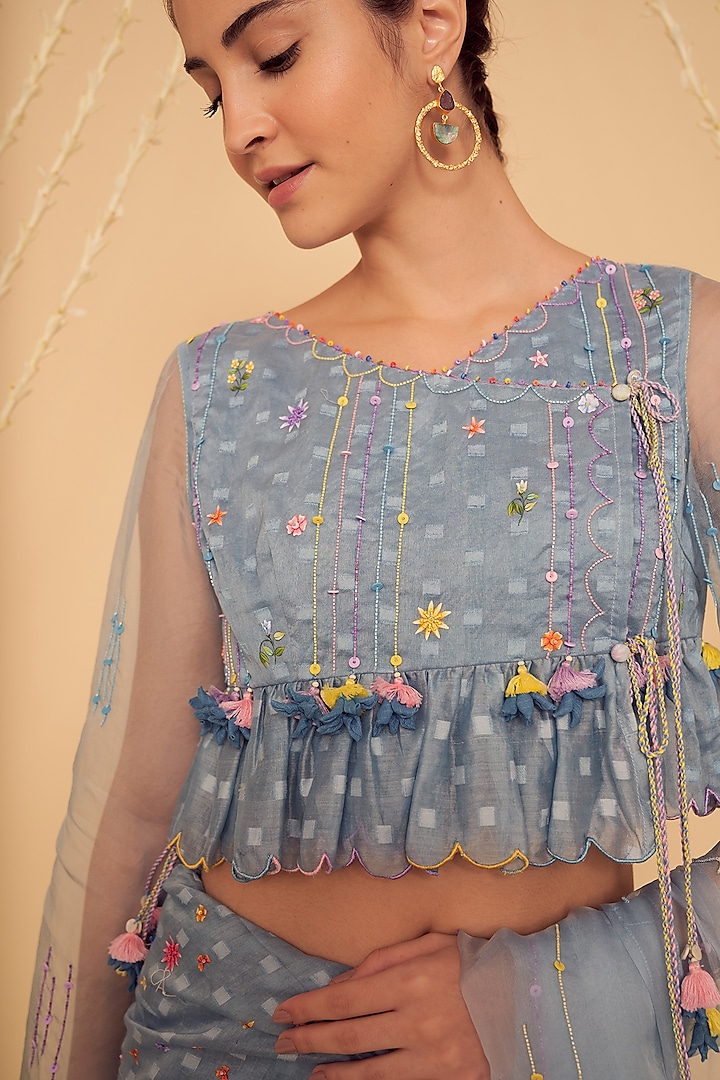 Sky Blue Chanderi & Organza Embroidered Blouse by Gyaarah Baees