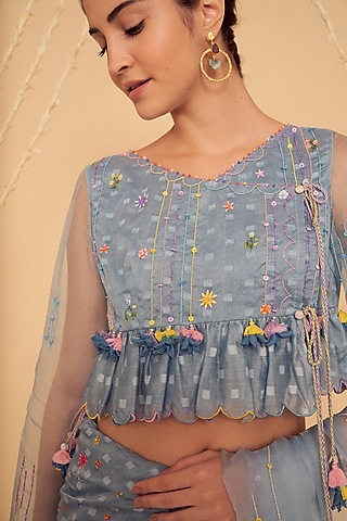 Sky Blue Chanderi & Organza Embroidered Blouse by Gyaarah Baees