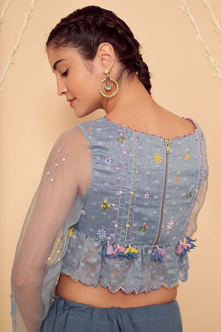 Sky Blue Chanderi & Organza Embroidered Blouse by Gyaarah Baees at Pernia's Pop Up Shop
