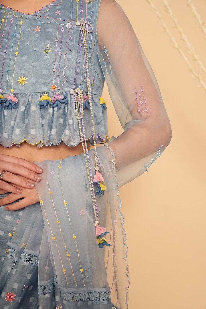 Sky Blue Chanderi & Organza Embroidered Blouse by Gyaarah Baees at Pernia's Pop Up Shop