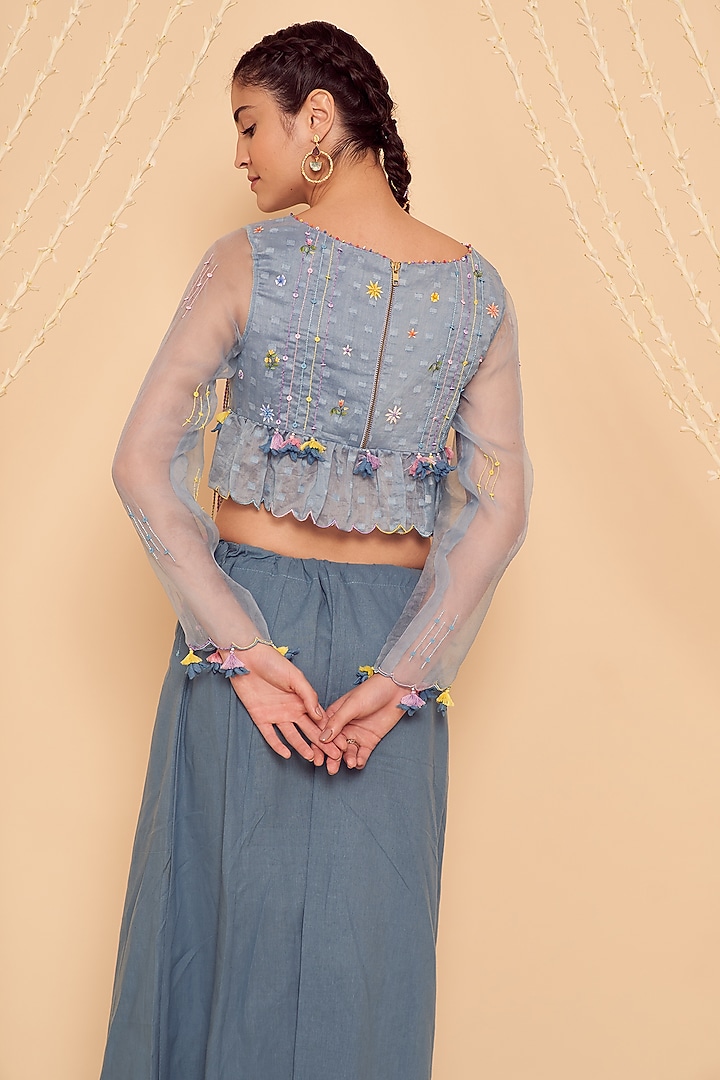 Sky Blue Chanderi & Organza Embroidered Blouse by Gyaarah Baees at Pernia's Pop Up Shop
