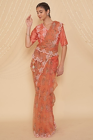 Orange Chanderi & Organza Embroidered Blouse by Gyaarah Baees