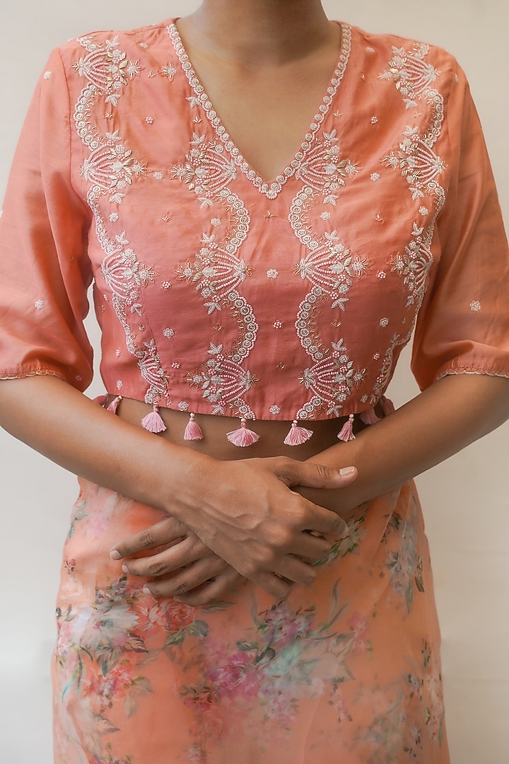 Orange Chanderi & Organza Embroidered Blouse by Gyaarah Baees at Pernia's Pop Up Shop