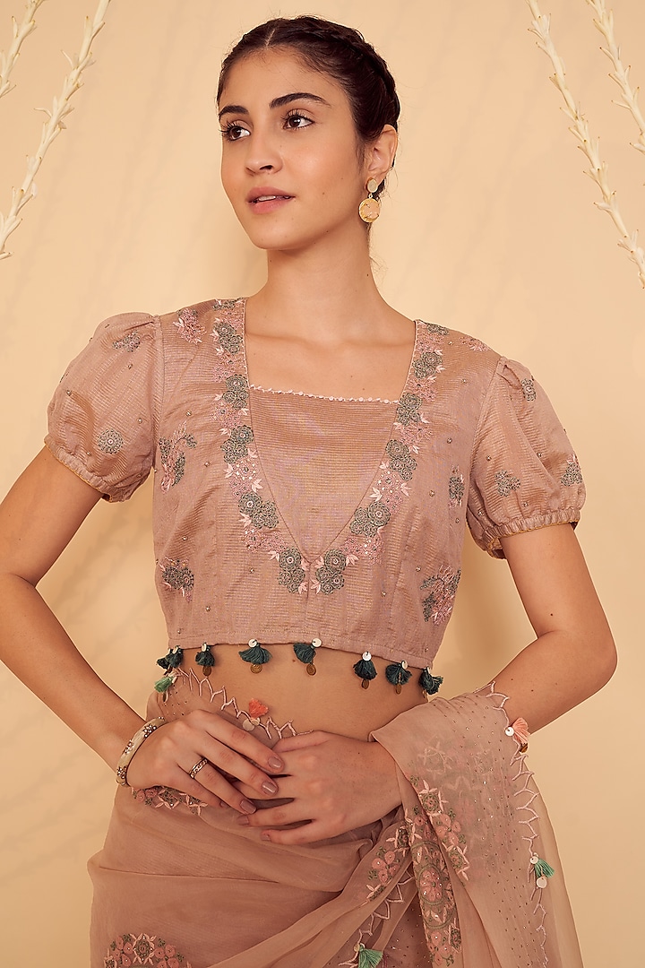 Pale Pink Striped Chanderi Embroidered Blouse by Gyaarah Baees
