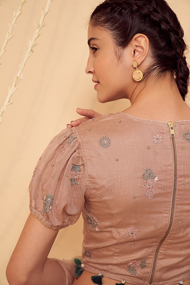 Pale Pink Striped Chanderi Embroidered Blouse by Gyaarah Baees at Pernia's Pop Up Shop