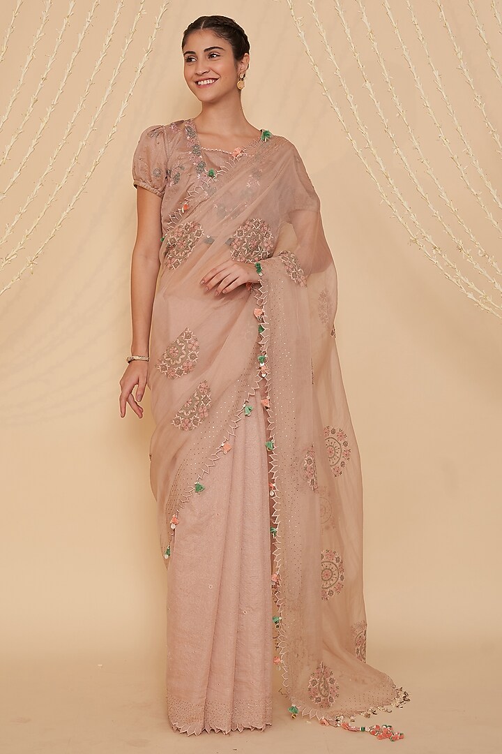 Pale Pink Striped Chanderi Embroidered Blouse by Gyaarah Baees at Pernia's Pop Up Shop