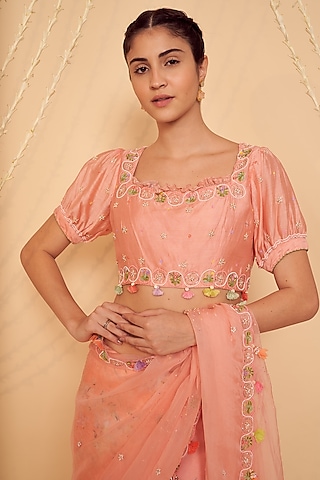 Peach Chanderi Embroidered Blouse by Gyaarah Baees