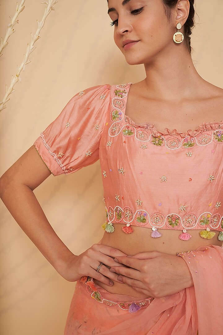 Peach Chanderi Embroidered Blouse by Gyaarah Baees at Pernia's Pop Up Shop