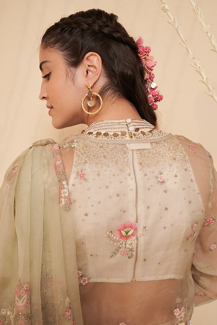Pale Green Striped Chanderi Floral Hand Painted Blouse by Gyaarah Baees at Pernia's Pop Up Shop