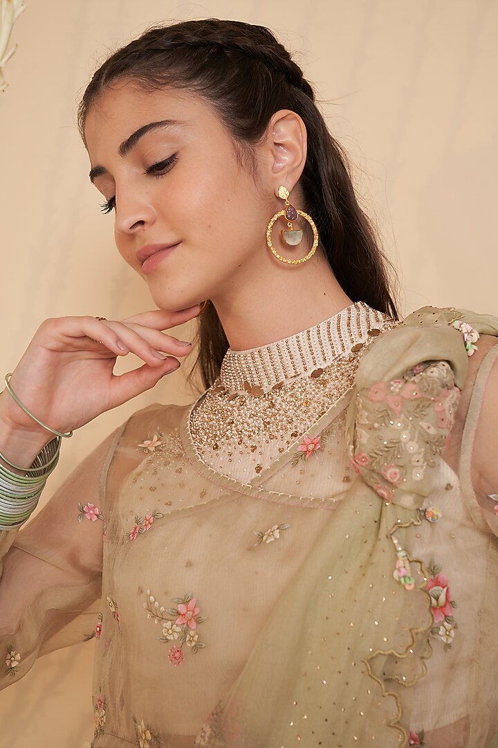 Pale Green Striped Chanderi Floral Hand Painted Blouse by Gyaarah Baees at Pernia's Pop Up Shop