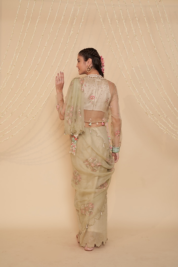 Pale Green Striped Chanderi Floral Hand Painted Blouse by Gyaarah Baees at Pernia's Pop Up Shop