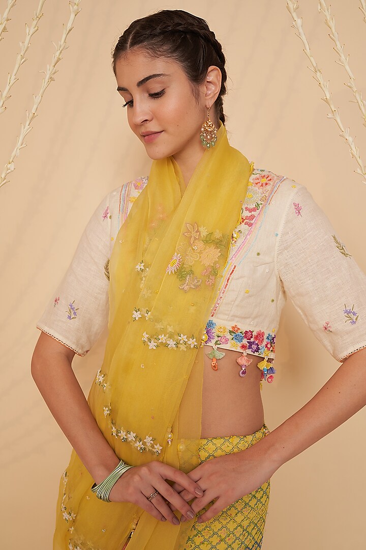 Off-White Linen Floral Embroidered Blouse by Gyaarah Baees