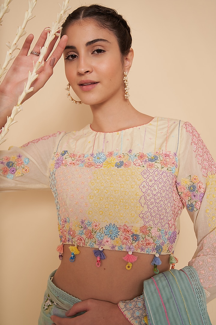 Off-White Linen Printed & Jaal Embroidered Blouse by Gyaarah Baees