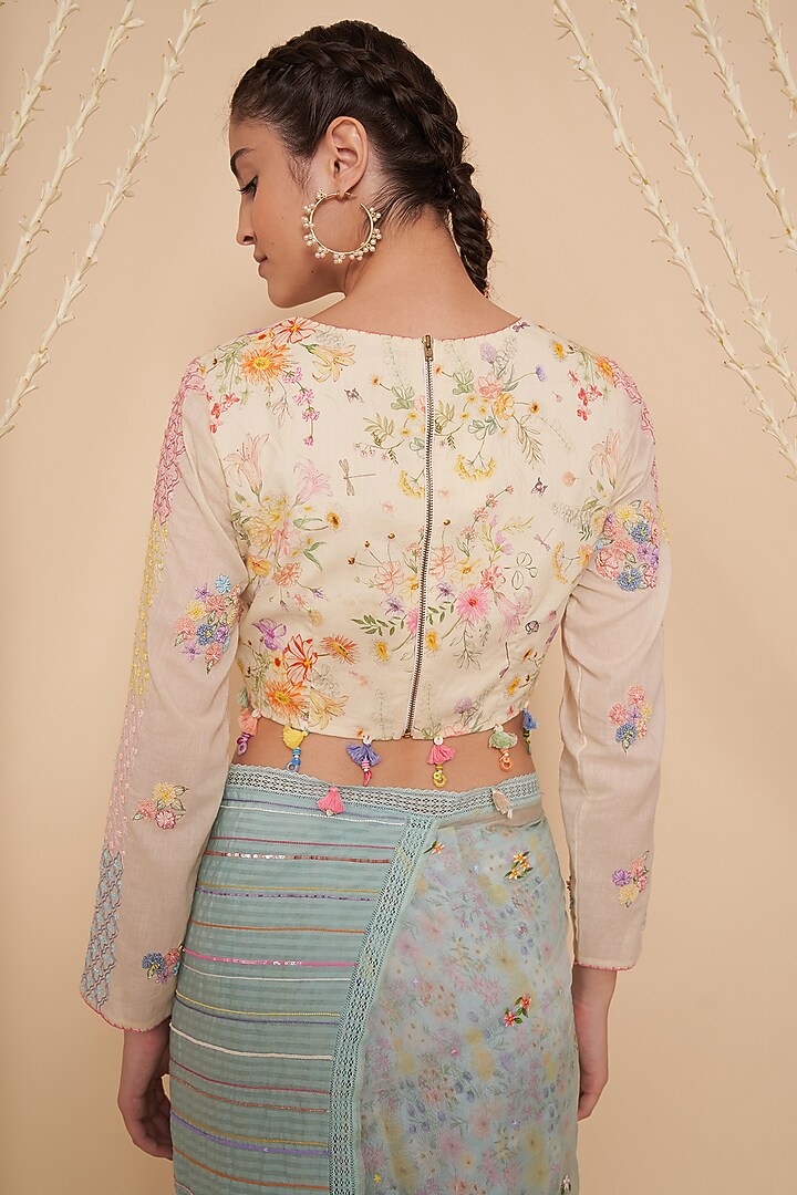 Off-White Linen Printed & Jaal Embroidered Blouse by Gyaarah Baees at Pernia's Pop Up Shop