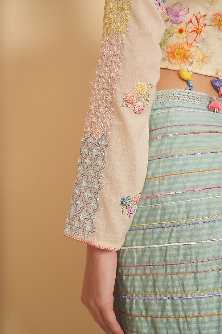 Off-White Linen Printed & Jaal Embroidered Blouse by Gyaarah Baees at Pernia's Pop Up Shop