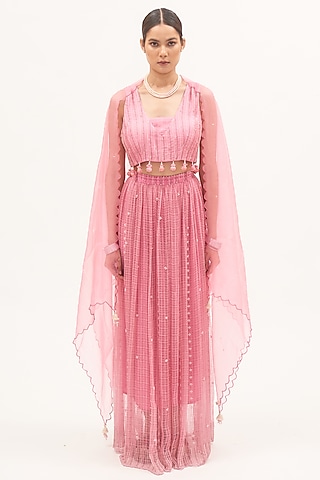 Pink Chanderi Beads Embroidered Lehenga Set by Gyaarah Baees