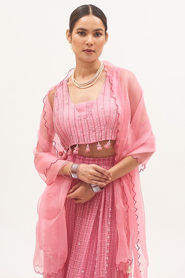 Pink Chanderi Beads Embroidered Wedding Lehenga Set by Gyaarah Baees at Pernia's Pop Up Shop