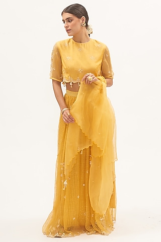 Yellow Chanderi Bead Embroidered Lehenga Set by Gyaarah Baees