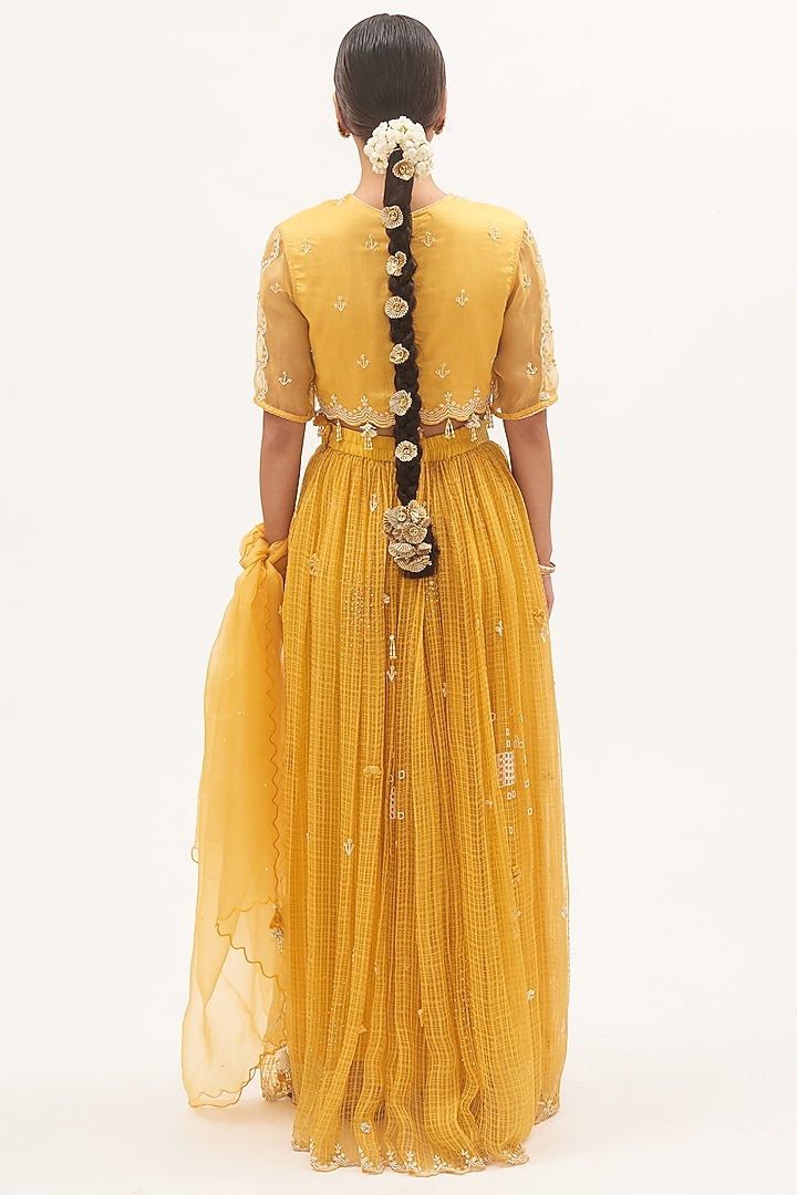 Yellow Chanderi Bead Embroidered Wedding Lehenga Set by Gyaarah Baees at Pernia's Pop Up Shop
