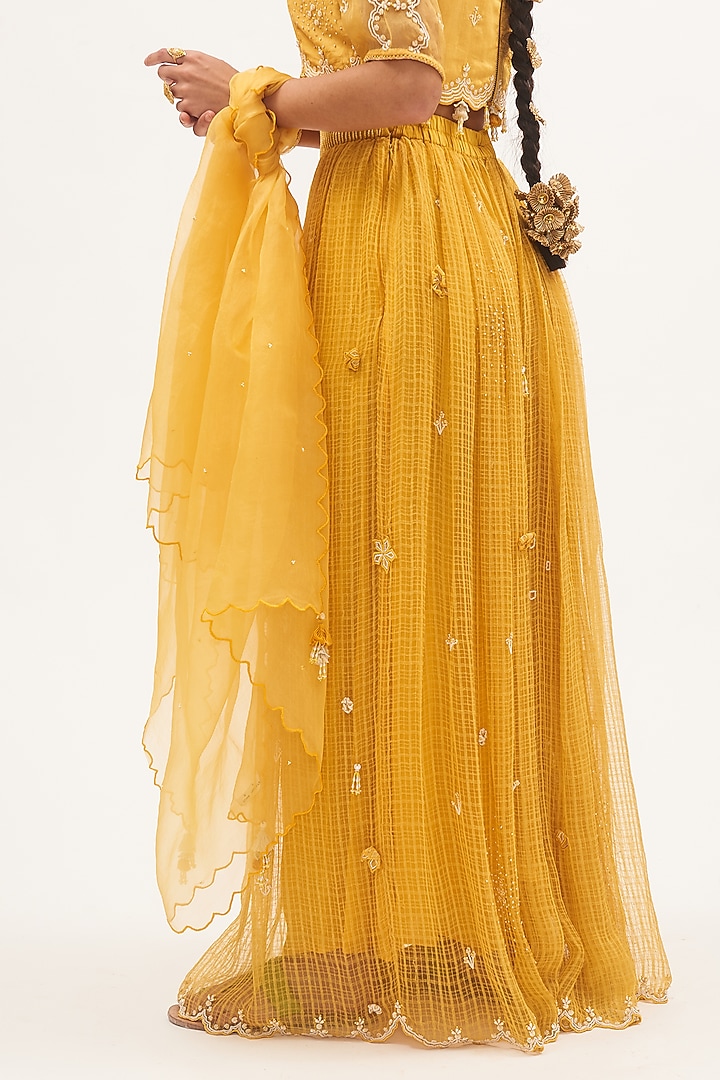 Yellow Chanderi Bead Embroidered Wedding Lehenga Set by Gyaarah Baees at Pernia's Pop Up Shop