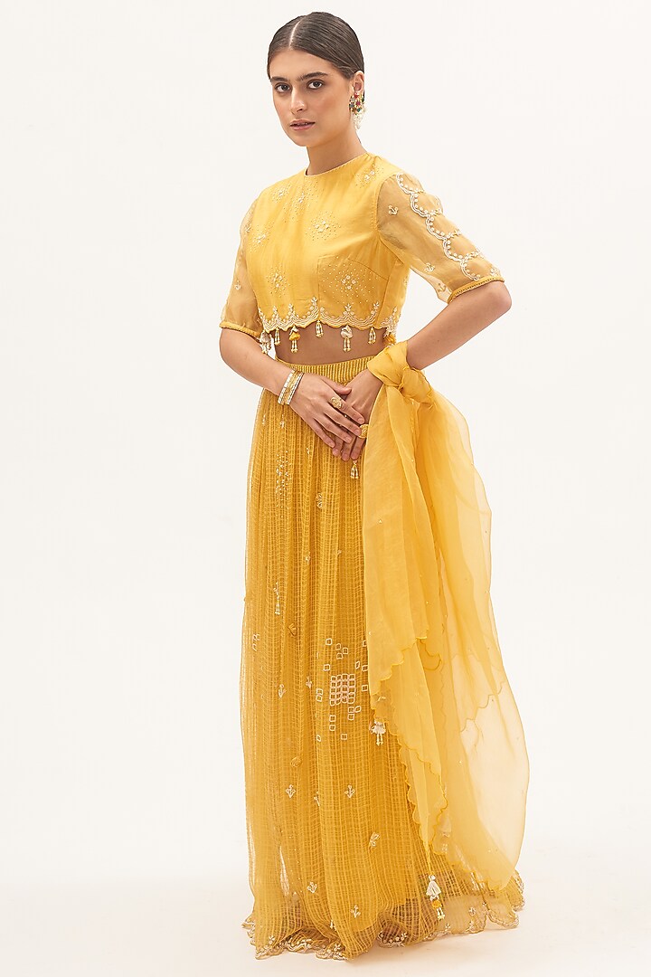 Yellow Chanderi Bead Embroidered Wedding Lehenga Set by Gyaarah Baees at Pernia's Pop Up Shop