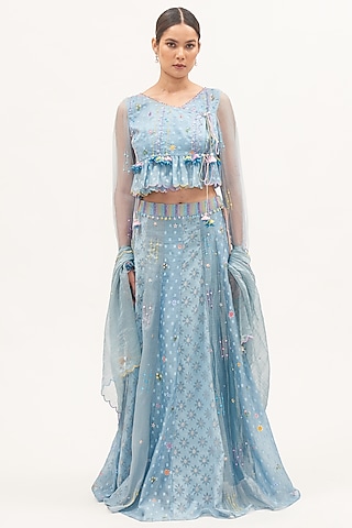 Blue Chanderi Floral Hand-Printed Lehenga Set by Gyaarah Baees