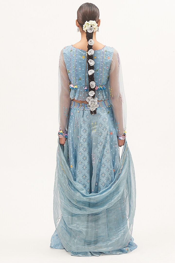 Blue Chanderi Floral Hand-Printed Wedding Lehenga Set by Gyaarah Baees at Pernia's Pop Up Shop