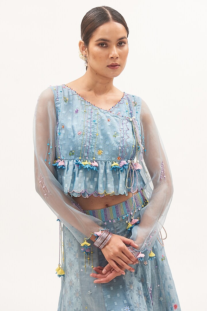 Blue Chanderi Floral Hand-Printed Wedding Lehenga Set by Gyaarah Baees at Pernia's Pop Up Shop