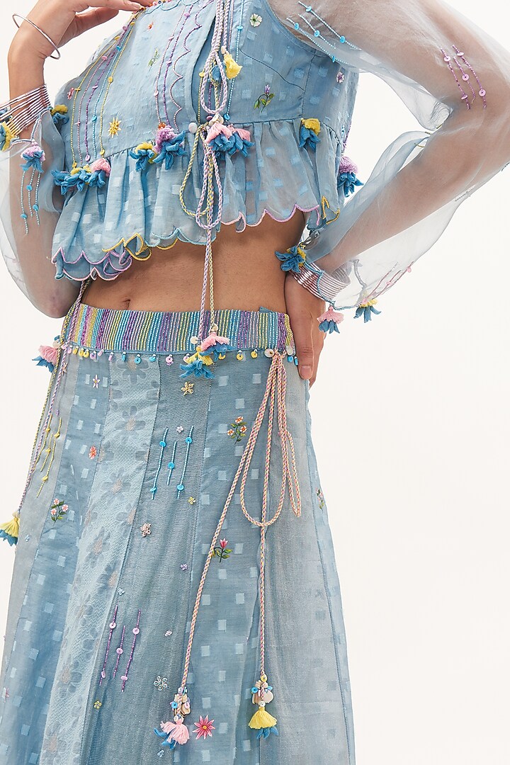 Blue Chanderi Floral Hand-Printed Wedding Lehenga Set by Gyaarah Baees at Pernia's Pop Up Shop
