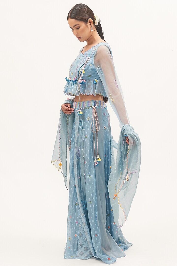 Blue Chanderi Floral Hand-Printed Wedding Lehenga Set by Gyaarah Baees at Pernia's Pop Up Shop