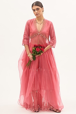 Coral Pink Chanderi & Organza Sharara Set by Gyaarah Baees