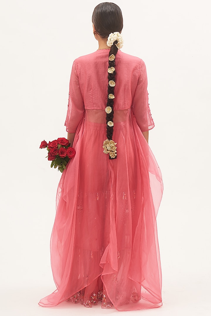 Coral Pink Chanderi & Organza Party Wear Sharara Set by Gyaarah Baees at Pernia's Pop Up Shop