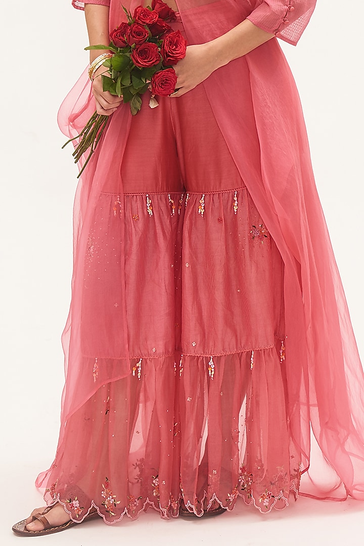 Coral Pink Chanderi & Organza Party Wear Sharara Set by Gyaarah Baees at Pernia's Pop Up Shop