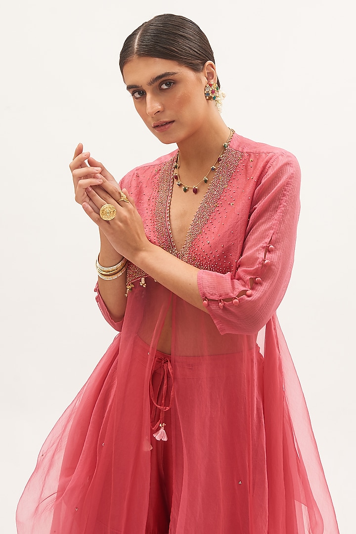 Coral Pink Chanderi & Organza Party Wear Sharara Set by Gyaarah Baees at Pernia's Pop Up Shop