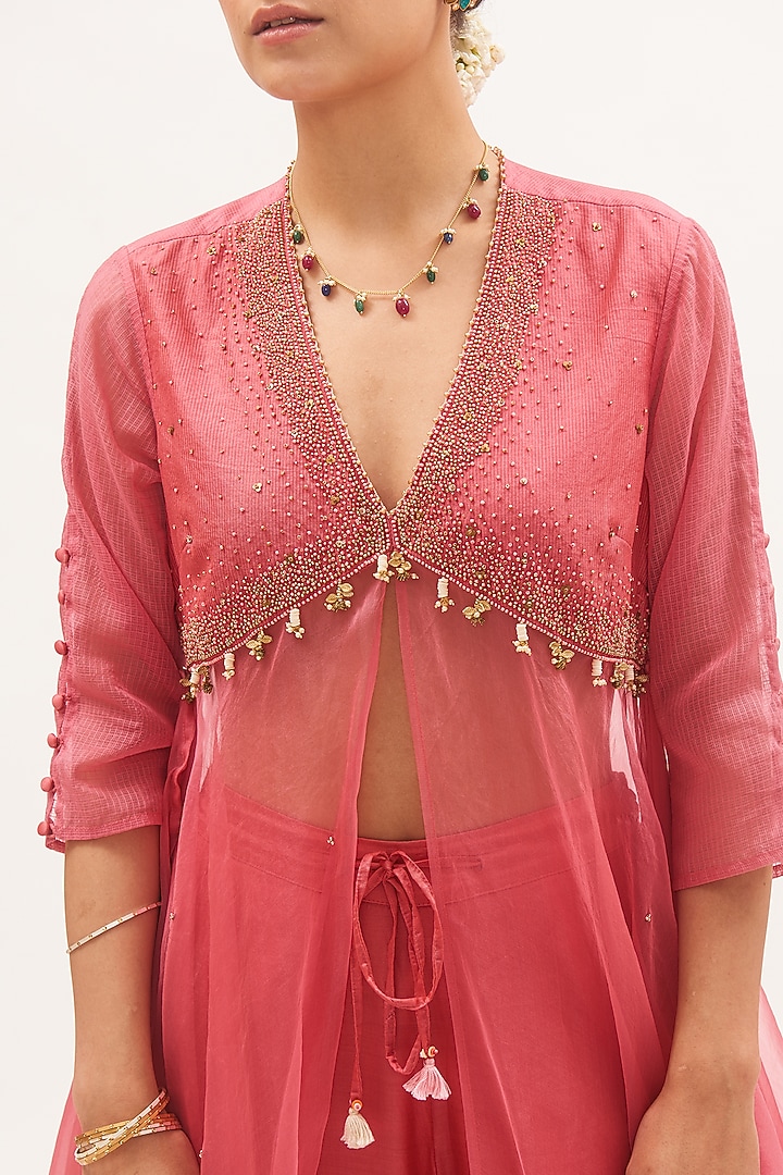 Coral Pink Chanderi & Organza Party Wear Sharara Set by Gyaarah Baees at Pernia's Pop Up Shop