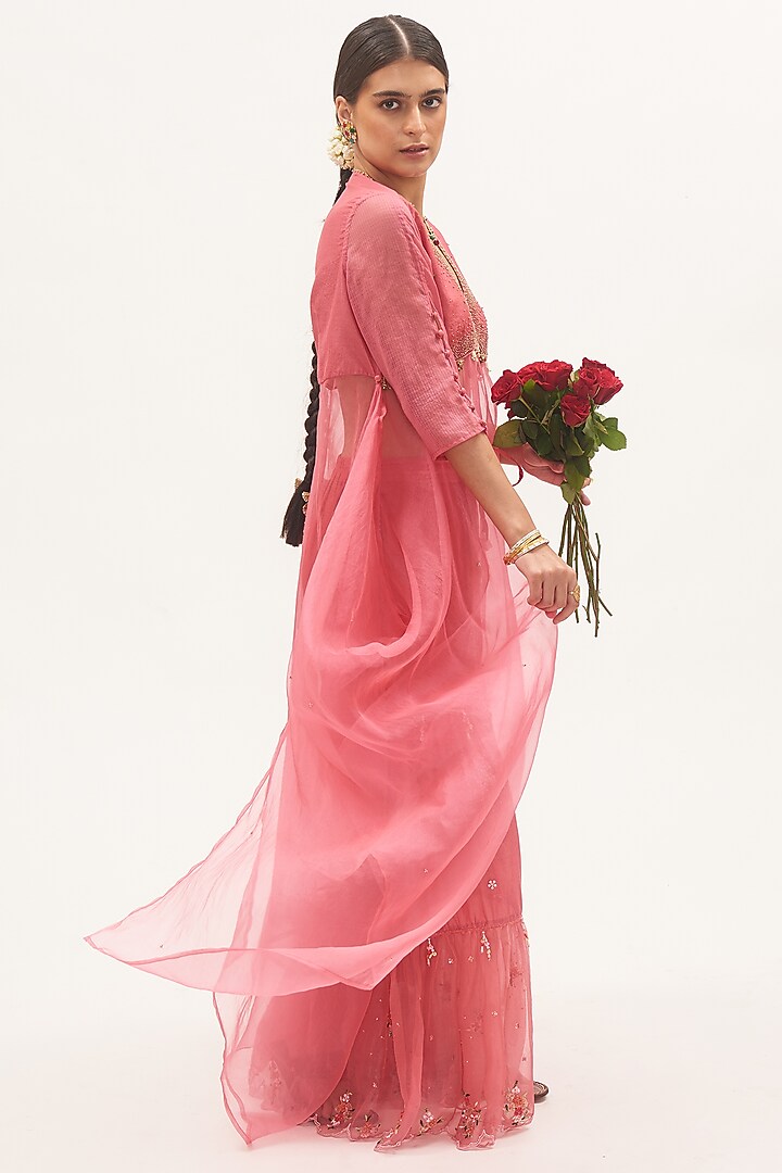 Coral Pink Chanderi & Organza Party Wear Sharara Set by Gyaarah Baees at Pernia's Pop Up Shop