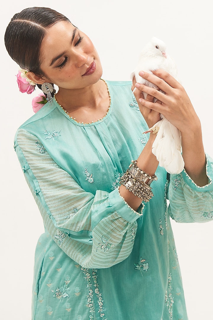 Turquoise Blue Chanderi Zardosi & Thread Embroidered Kurta Set by Gyaarah Baees at Pernia's Pop Up Shop