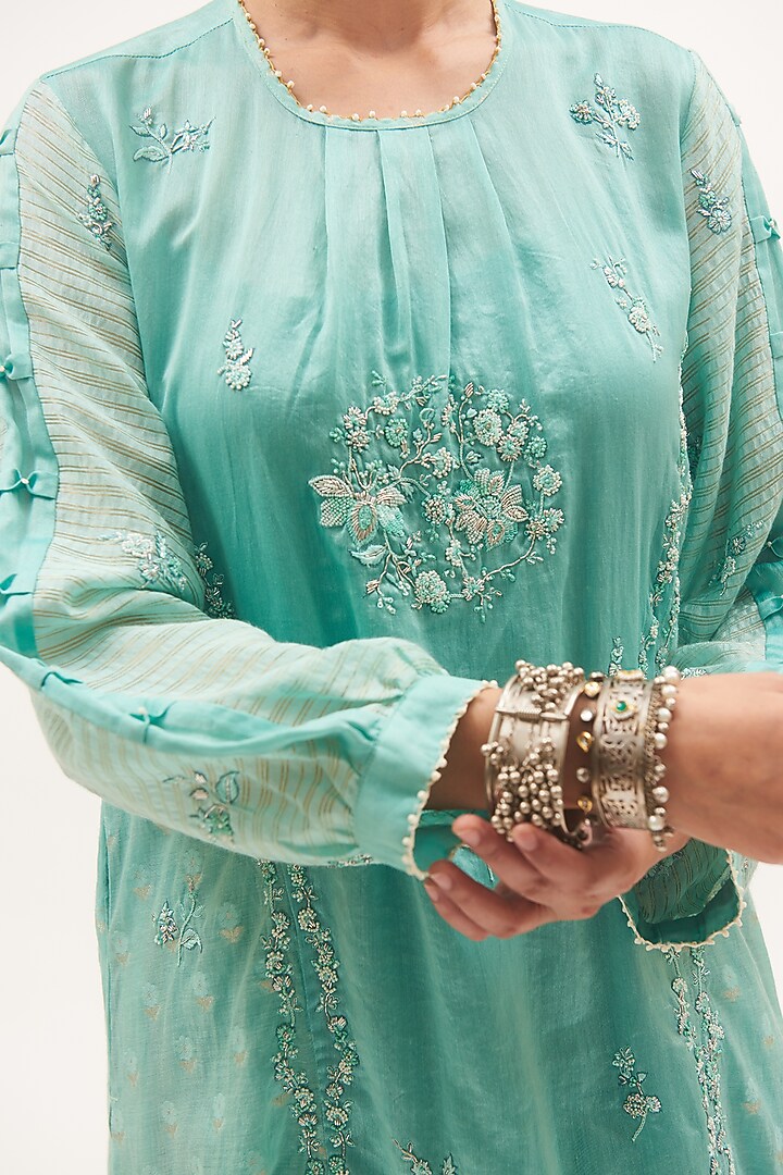 Turquoise Blue Chanderi Zardosi & Thread Embroidered Kurta Set by Gyaarah Baees at Pernia's Pop Up Shop