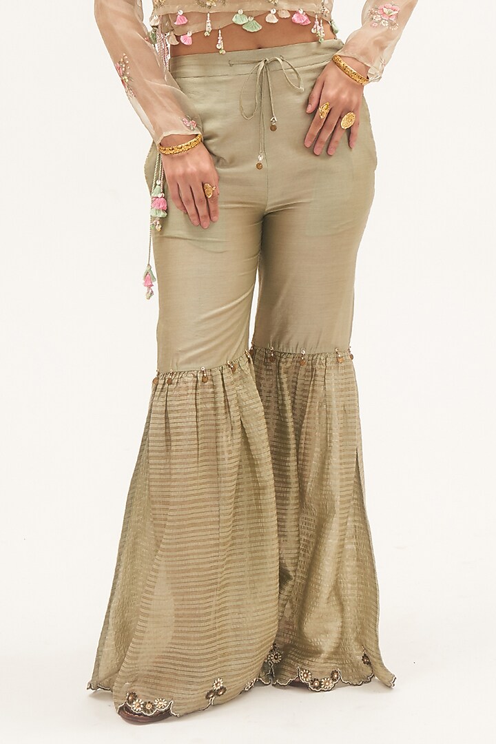 Pista Green Striped Chanderi Wedding Sharara Set by Gyaarah Baees at Pernia's Pop Up Shop