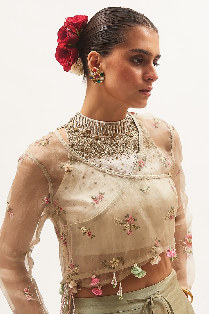Pista Green Striped Chanderi Wedding Sharara Set by Gyaarah Baees at Pernia's Pop Up Shop