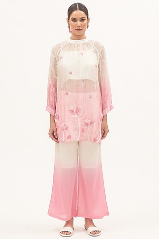 Ivory & Pink Zari Chanderi Ombre Sheer Kurta Set by Gyaarah Baees