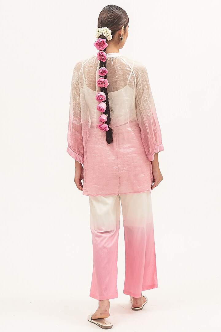 Ivory & Pink Zari Chanderi Ombre Sheer Kurta Set by Gyaarah Baees at Pernia's Pop Up Shop