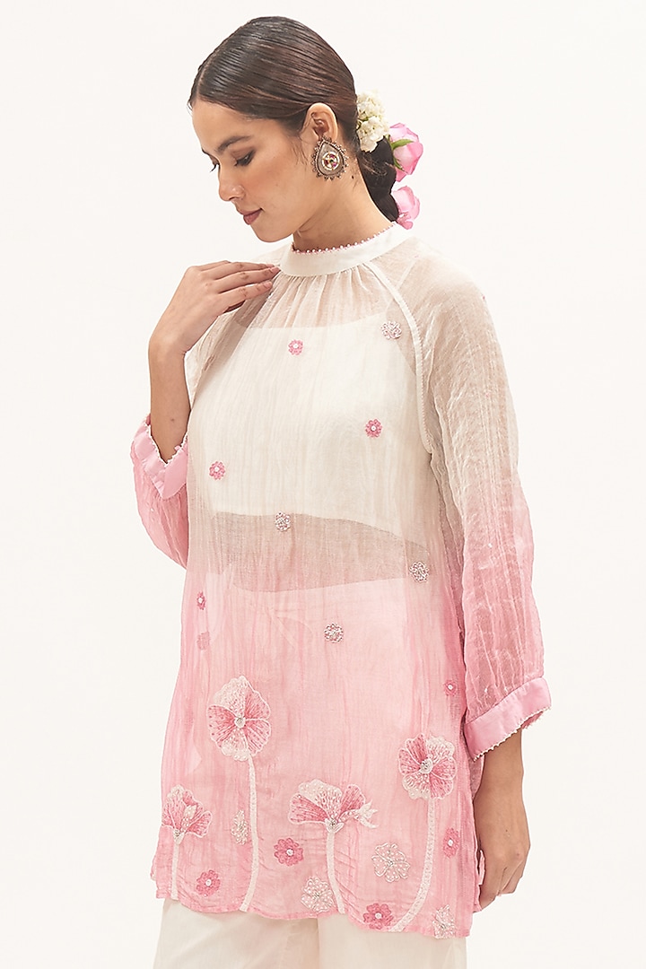 Ivory & Pink Zari Chanderi Ombre Sheer Kurta Set by Gyaarah Baees at Pernia's Pop Up Shop